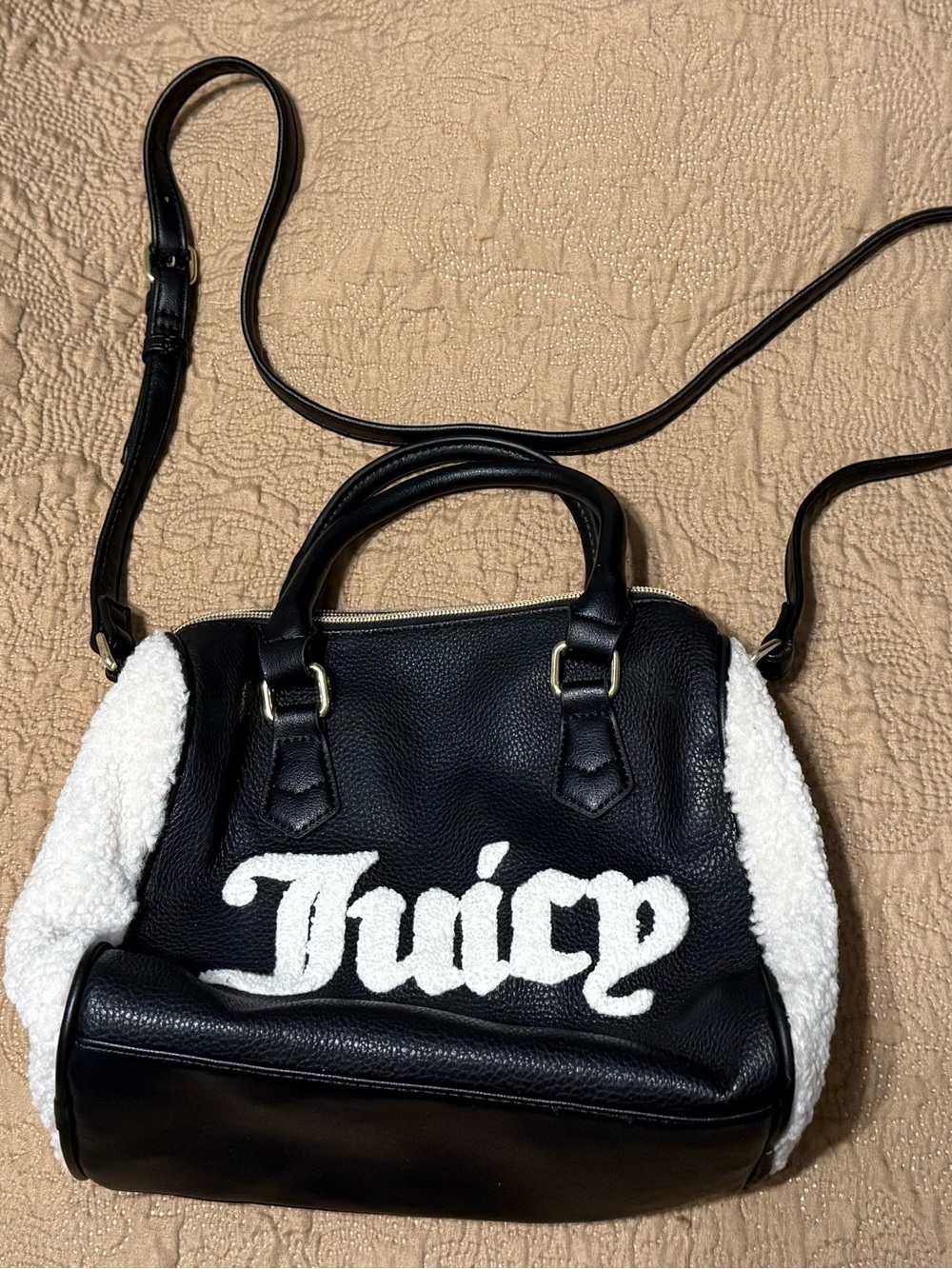 Juicy Couture Flashback Satchel Black Faux Leather & White Sherpa Crossbody Bag